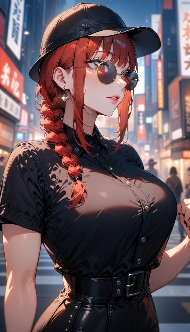 1girl,solo,makima \(chainsaw man\), chainsaw man
,super detailed skin,shiny skin,natural face ,eyelashes,lips gloss,red hair,sidelocks,a braid,large breasts,sunglasses,earrings,Tokyo street fashion,short sleeve clothes,shibuya fashion,looking afar,unique clothes,hat,Tokyo city,masterpiece,best quality,ultra detailed,high resolution,sharp focus,depth of field