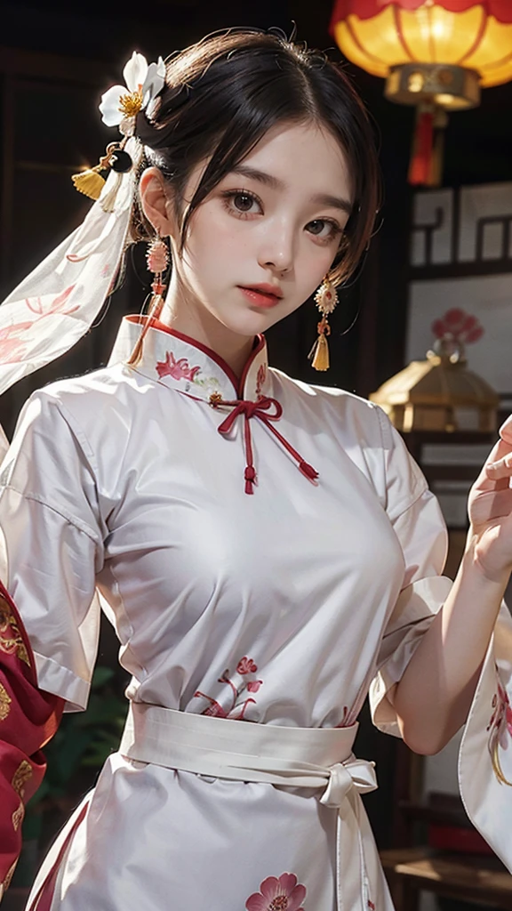 There is a cartoon in dress, Chinese dress, hanbok apron, Chinese costume, Chinese traditional costume, close-up - view, hanbok, wearing ancient Chinese costume, with ancient Chinese costume, palace, a girl in Hanfu, white hanfu, cheongsam, wearing pink flowers Chiton, shadow room, light edge, two-tone lighting, (high detail skin: 1.2), 8k uhd, DSLR, soft light, high quality, volumetric lighting, sneak peek, photo, high resolution, 4k, 8k, Background bokeh