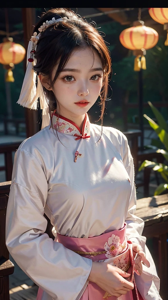 There is a cartoon in dress, Chinese dress, hanbok apron, Chinese costume, Chinese traditional costume, close-up - view, hanbok, wearing ancient Chinese costume, with ancient Chinese costume, palace, a girl in Hanfu, white hanfu, cheongsam, wearing pink flowers Chiton, shadow room, light edge, two-tone lighting, (high detail skin: 1.2), 8k uhd, DSLR, soft light, high quality, volumetric lighting, sneak peek, photo, high resolution, 4k, 8k, Background bokeh