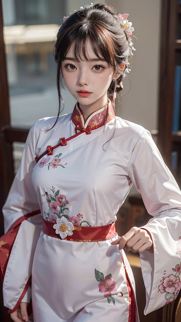 There is a cartoon in dress, Chinese dress, hanbok apron, Chinese costume, Chinese traditional costume, close-up - view, hanbok, wearing ancient Chinese costume, with ancient Chinese costume, palace, a girl in Hanfu, white hanfu, cheongsam, wearing pink flowers Chiton, shadow room, light edge, two-tone lighting, (high detail skin: 1.2), 8k uhd, DSLR, soft light, high quality, volumetric lighting, sneak peek, photo, high resolution, 4k, 8k, Background bokeh