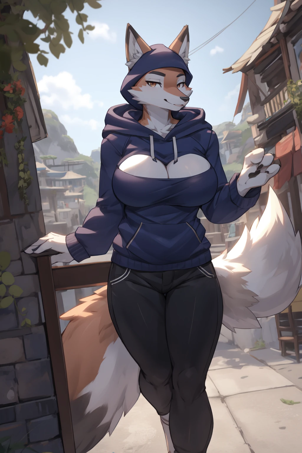Zhen, female, fox, busty, wearing a blue hoodies, black pants, fluffy tail, hd 8k