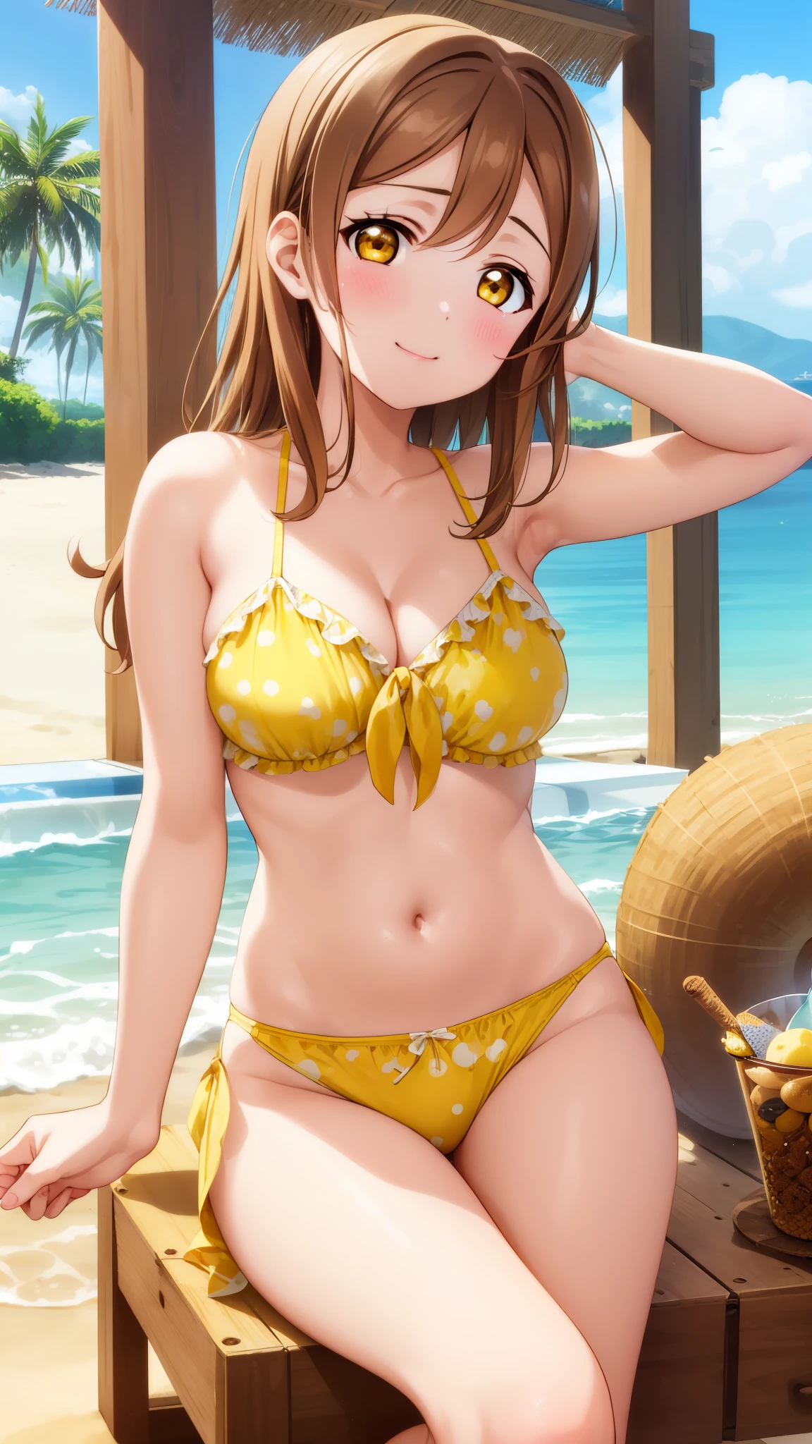 1girl, kunikida hanamaru, brown hair, yellow eyes, blush, messy hair, masterpiece, high quality, detailed body, detailed face, swimsuit, beach