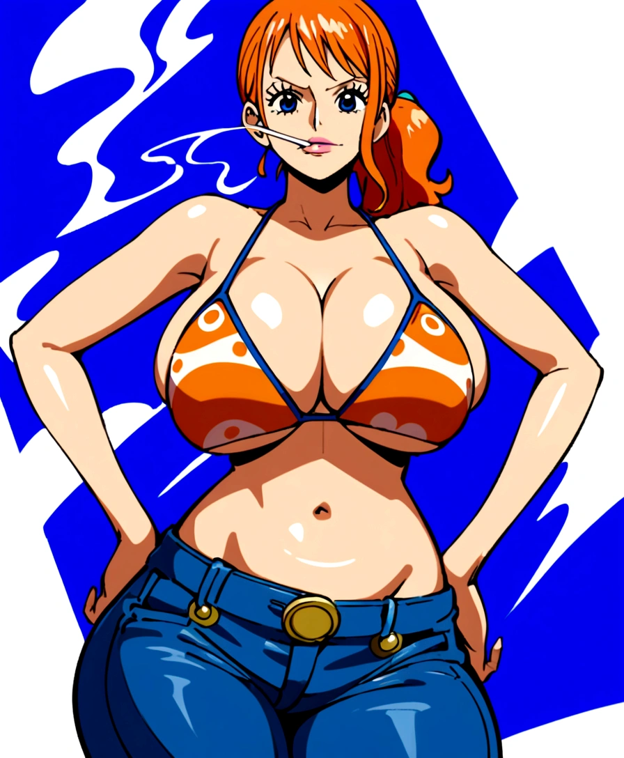a cartoon picture of a woman in a bikini top and jeans, nami one piece, nami from one piece, nami, beautiful portrait of nami, from one piece, oppai, blue eyes, smoking, ponytail