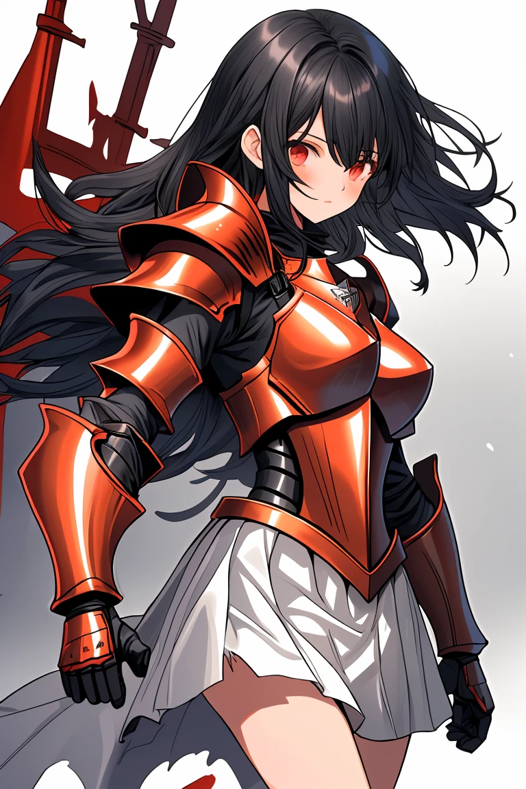 female knight　Red Armor　Torn white skirt　No underwear　Black Hair　battlefield　