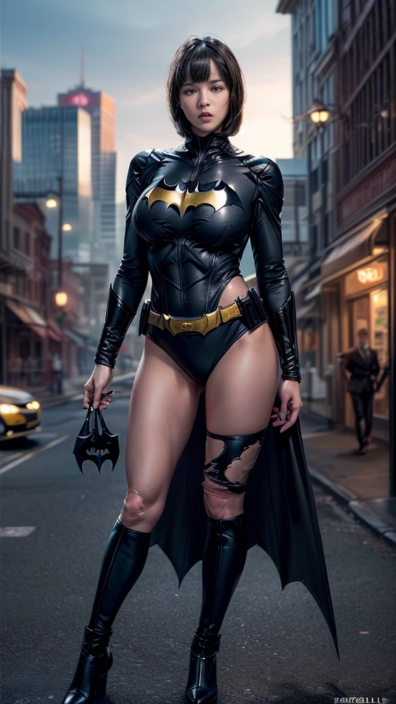 nsfw:1.1、((Cowboy Shot))、Mature Woman、(masterpiece, Highest quality), Intricate details, 8K, 1 Girl, Long Hair, Bowl Cut Hair,((blunt bangs))、 Black Hair,((Ultra-detailed and intricately designed Batman suit)),Skyscraper, city, building,street,((Delicate painting))，(Detailed RAW photos of girls), (Pieces fly:1.25), (Highest quality:1.6), (Ultra-high resolution:1.5), (Photorealistic:1.75), 8K resolution, Canon EOS R5, 50mm, Confused, Very detailed,Cinema Lighting、(((Super big breasts)))、Leg spread、The abdomen is visible、((Separate suits))、Ultra-detailed and intricately decorated Batman knee-high socks、Sexy pose、Ultra-detailed Batman bikini、(((Ripped and tattered suit:1.1)))