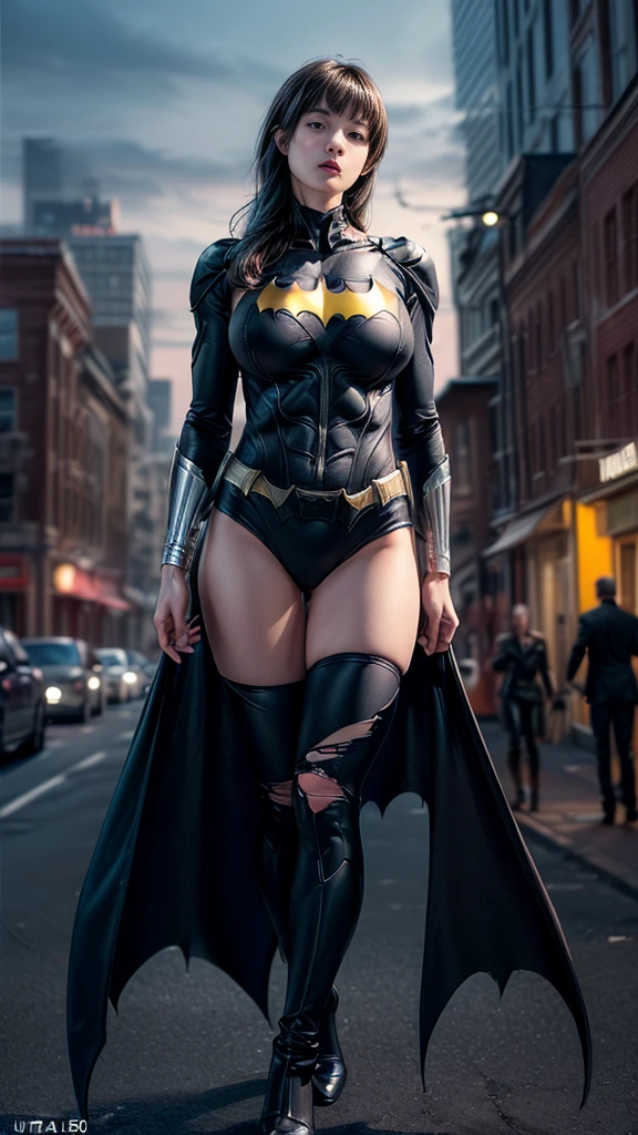 nsfw:1.1、((Cowboy Shot))、Mature Woman、(masterpiece, Highest quality), Intricate details, 8K, 1 Girl, Long Hair, Bowl Cut Hair,((blunt bangs))、 Black Hair,((Ultra-detailed and intricately designed Batman suit)),Skyscraper, city, building,street,((Delicate painting)),(Detailed RAW photos of girls), (Pieces fly:1.25), (Highest quality:1.6), (Ultra-high resolution:1.5), (Photorealistic:1.75), 8K resolution, Canon EOS R5, 50mm, Confused, Very detailed,Cinema Lighting、(((Super big breasts)))、Leg spread、The abdomen is visible、((Separate suits))、Ultra-detailed and intricately decorated Batman knee-high socks、Sexy pose、Ultra-detailed Batman bikini、(((Ripped and tattered suit:1.1)))
