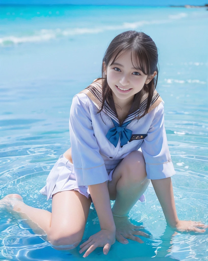 nsfw,Highest resolution,Highest quality,detailed,Posing with a cute smile in the marine blue sea, girl with big boobs、(Summer uniform:1.5),White pantiesを脱ぐ:2,pull-out-panties:1.5,Glossy thighs,mini skirt、Thigh fetish images,barefoot、reflected in water: 1.5、White panties、