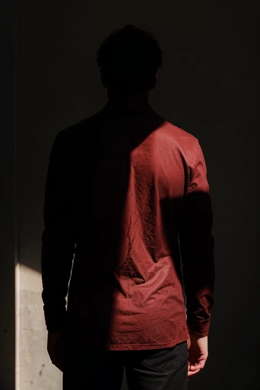 Man standing front he hide his face with his hand only one ye visible and glowing red and his behind is shadow of a demon make the man hiding hishalf body with the shadow facing front