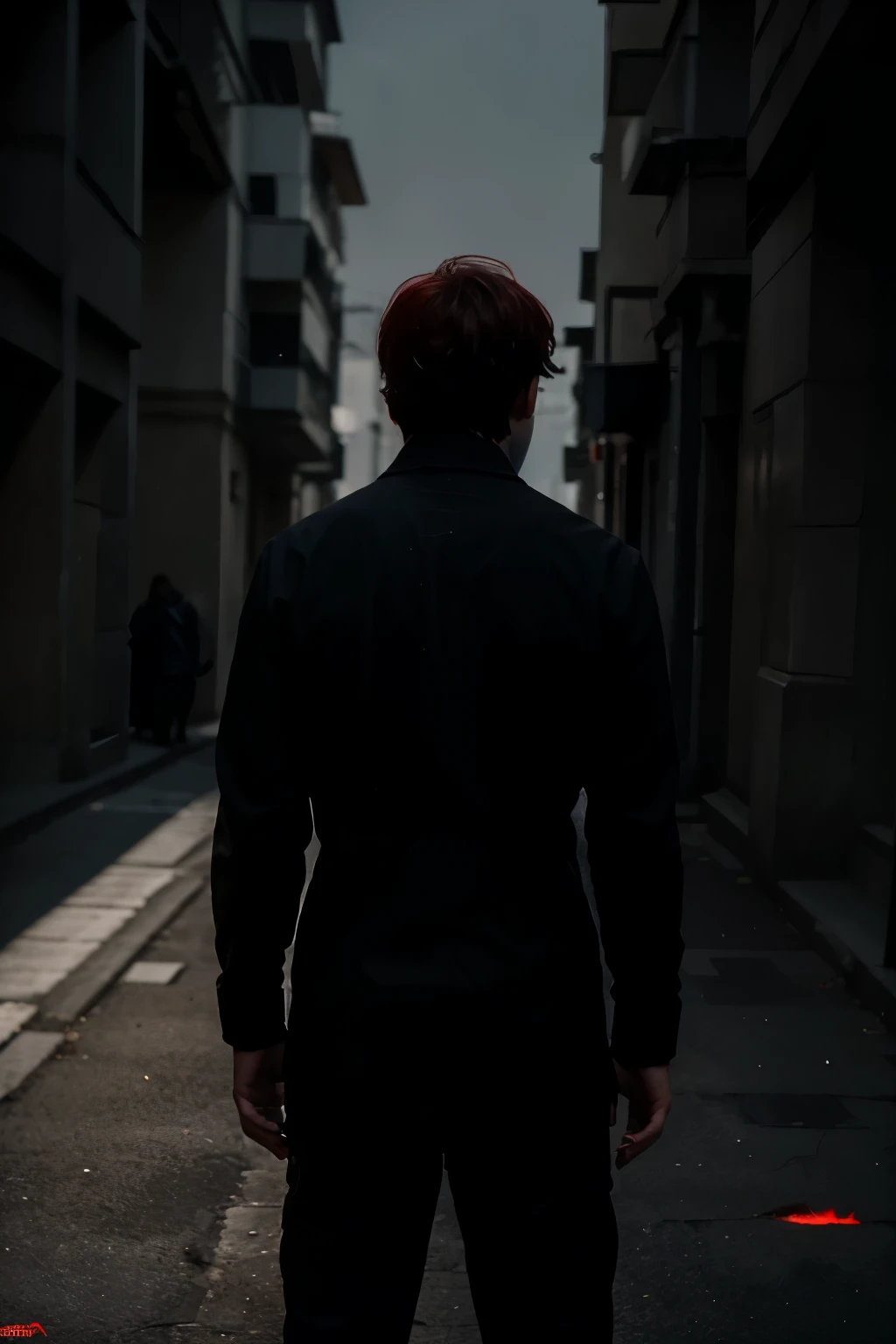 Man standing front he hide his face with his hand only one ye visible and glowing red and his behind is shadow of a demon make the man hiding hishalf body with the shadow