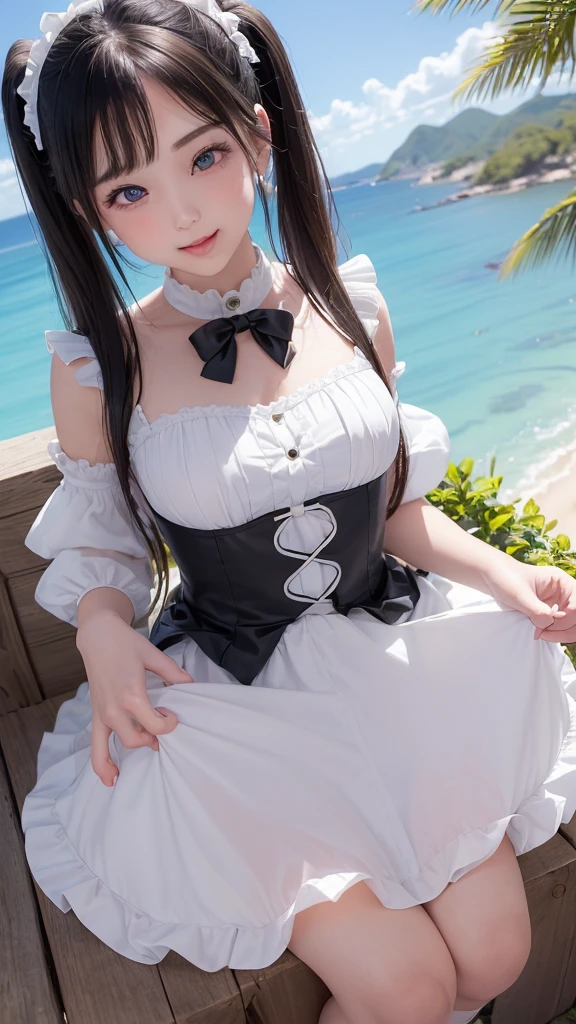 ((masterpiece)), ((highest quality、Ultra high definition)), (Very detailed),8K、Photo quality、((Amazingly cute girl)),( 14-year-old girl), Two people, , (Beautiful emerald blue eyes), ((smile)),In the open-air bath overlooking the sea, Beautifully arranged black hair in twin tails、whole body、((Super high-end white see-through summer gothic lolita maid costume、A super mini skirt with lots of frills))、Professional Lighting、(White lace knee-highore detailed and beautiful)、(More details and cutenesore realistic)、(((ウインクしている)))、