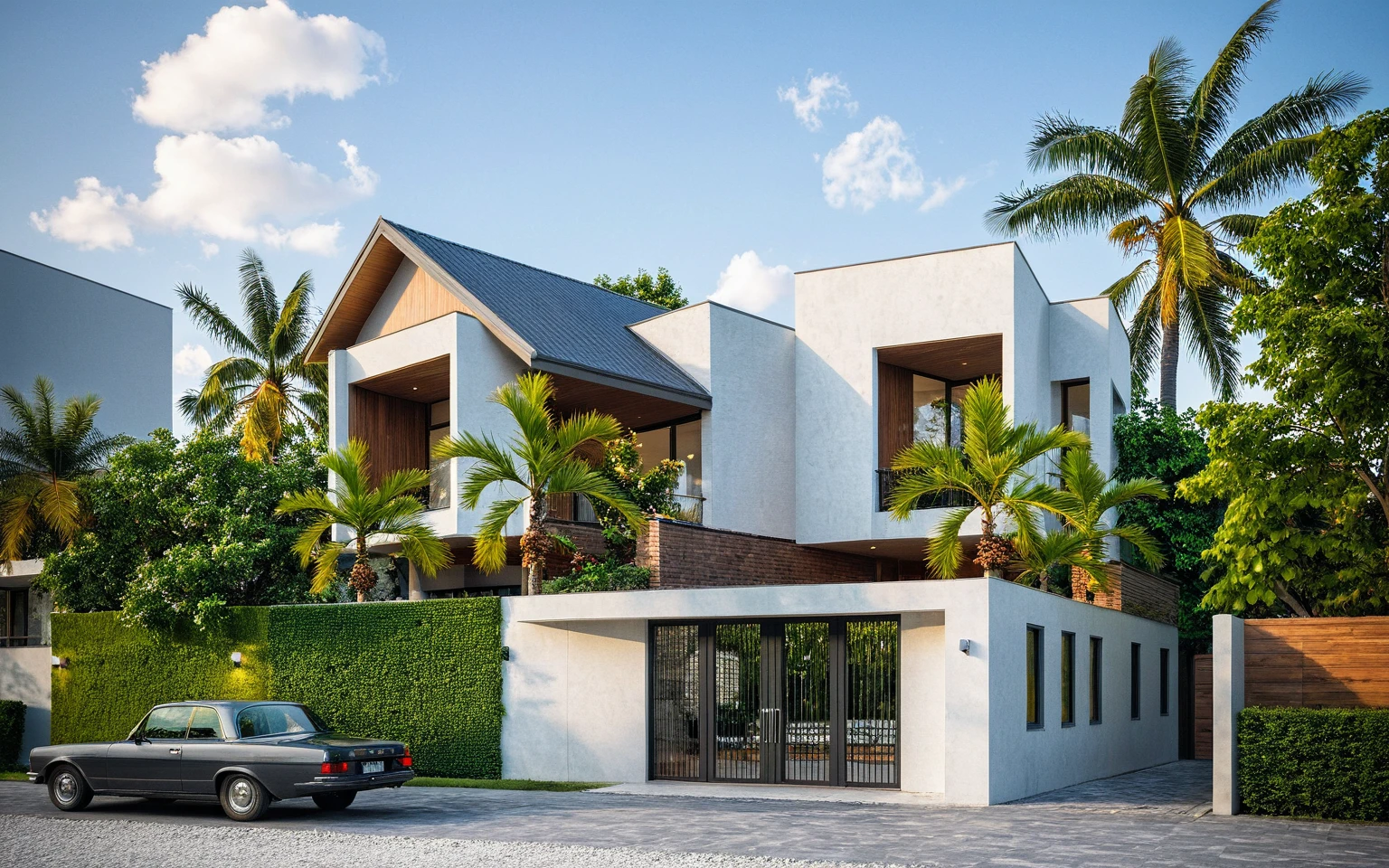 Masterpiece, high quality, best quality, authentic, super detail, outdoors, house style modern,bietthuhn, white wall, glass windows, gate road,pavement, grass, trees,blue sky, cloud, (day:1.1), realistic lighting