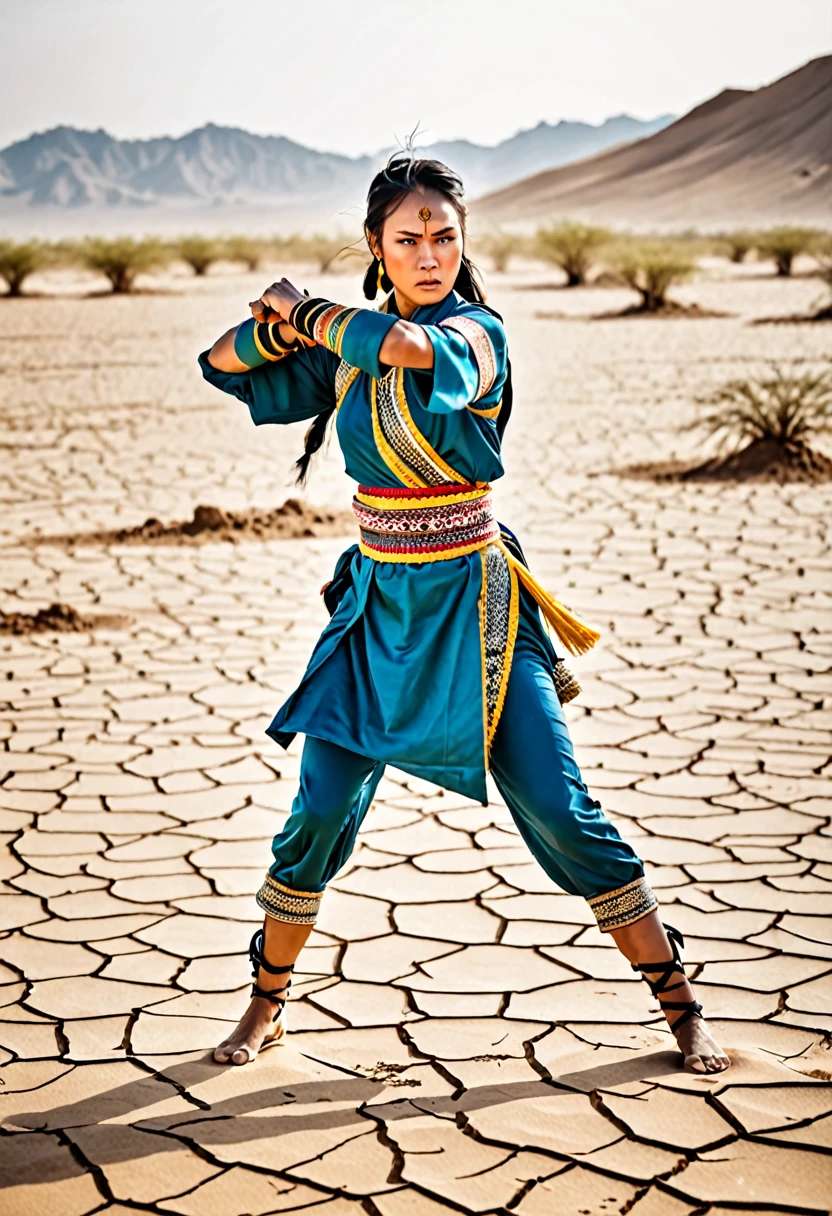 strong woman in Sayayin costume in fighting stance on arid battlefield