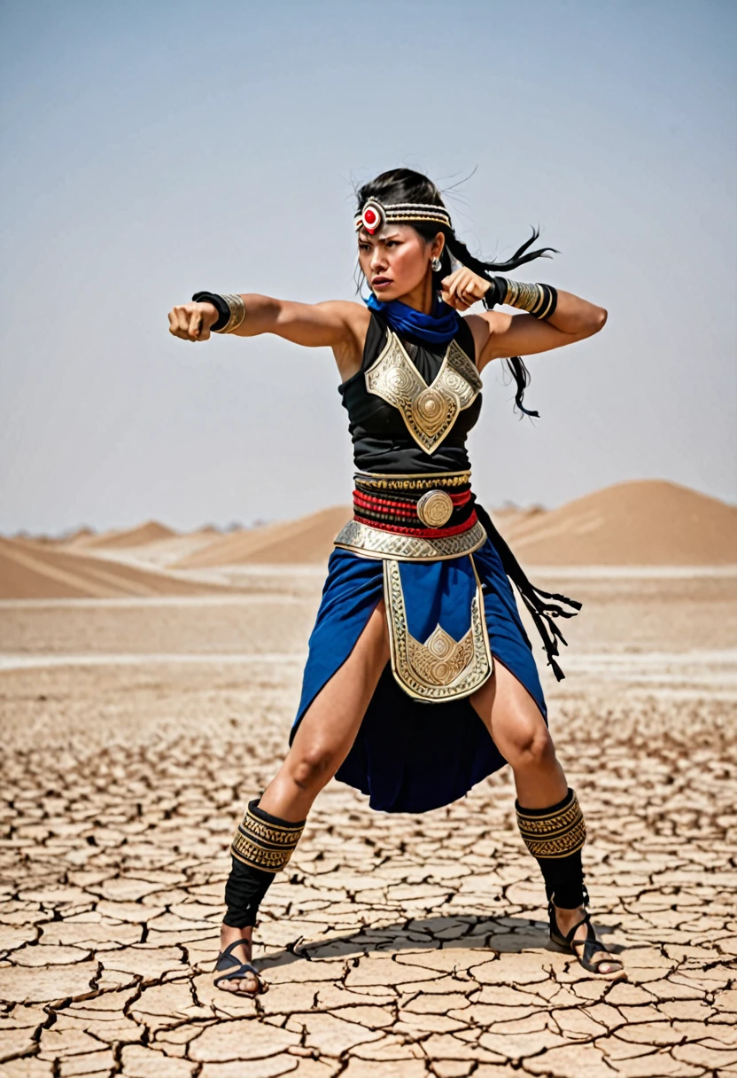 strong woman in Sayayin costume in fighting stance on arid battlefield