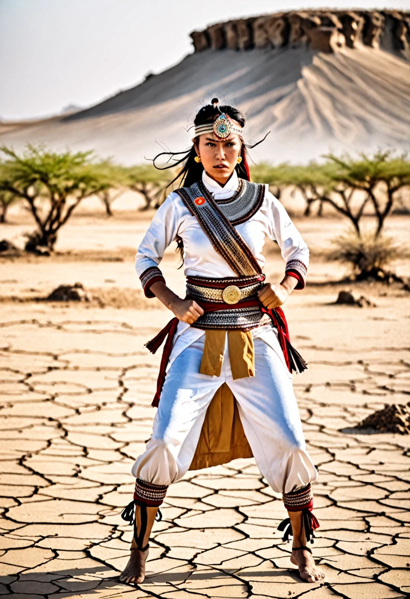 strong woman in Sayayin costume in fighting stance on arid battlefield
