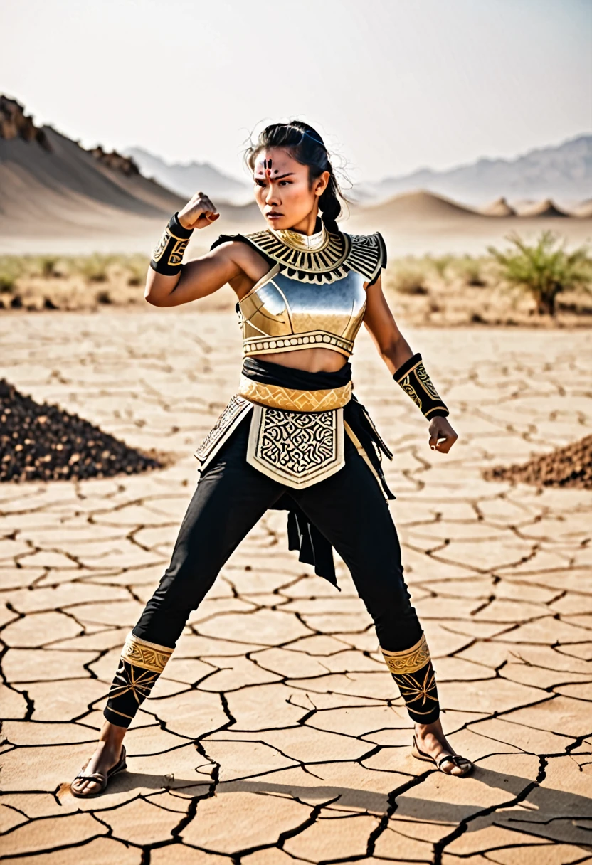 strong woman in Sayayin costume in fighting stance on arid battlefield