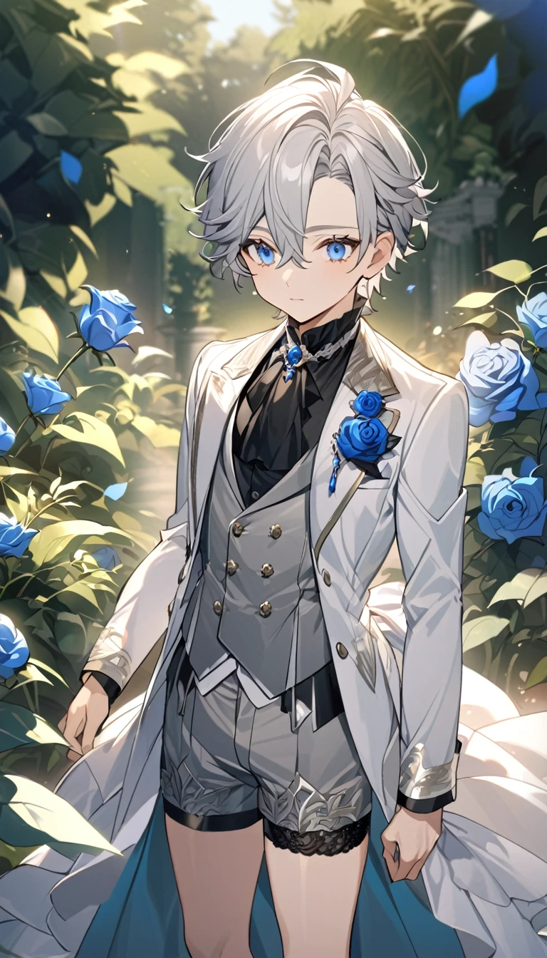 Handsome,very beautiful,1 little boy,young,alone,white short hair,blue eyes,black shirt,Luxurious white blazer,((Gray suit shorts)),black garters,((blue Rose)),White satin ribbon clothing decoration,Exquisite clothing details,Calm expression,Holy,Goethe-style,garden