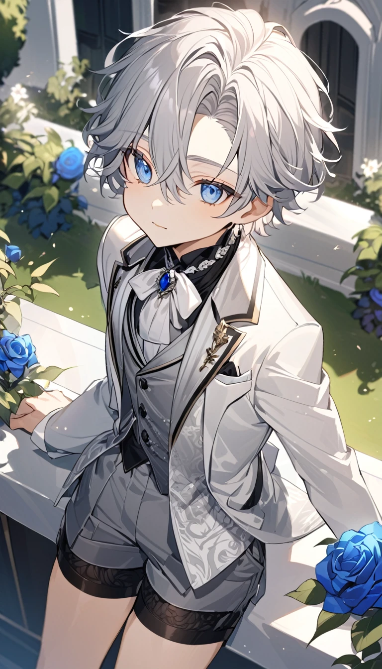 Handsome，very beautiful，1 ，young，alone，white short hair，blue eyes，black shirt，Luxurious white blazer，((Gray suit shorts))，black garters，((blue Rose))，White satin ribbon clothing decoration，Exquisite clothing details，Calm expression，Holy，Goethe-style，garden