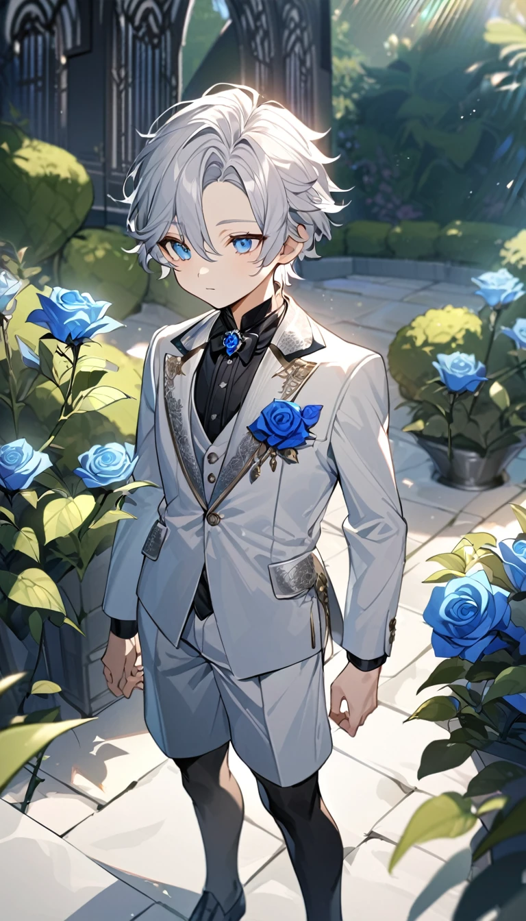 Handsome，very beautiful，1 little boy，young，alone，white short hair，blue eyes，black shirt，Luxurious white blazer，((Gray suit shorts))，black garters，((blue Rose))，White satin ribbon clothing decoration，Exquisite clothing details，Calm expression，Holy，Goethe-style，garden