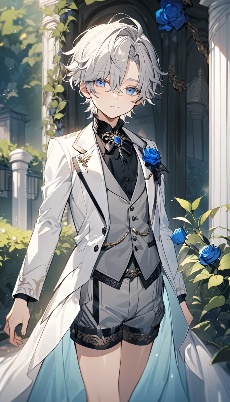Handsome,very beautiful,1 ,young,alone,white short hair,blue eyes,black shirt,Luxurious white blazer,((Gray suit shorts)),black garters,((blue Rose)),White satin ribbon clothing decoration,Exquisite clothing details,Calm expression,Holy,Goethe-style,garden