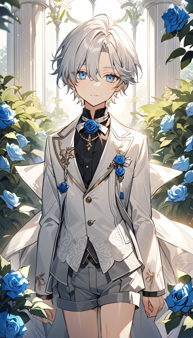 Handsome，very beautiful，1 little boy，young，alone，white short hair，blue eyes，black shirt，Luxurious white blazer，((Gray suit shorts))，black garters，((blue Rose))，White satin ribbon clothing decoration，Exquisite clothing details，Calm expression，Holy，Goethe-style，garden