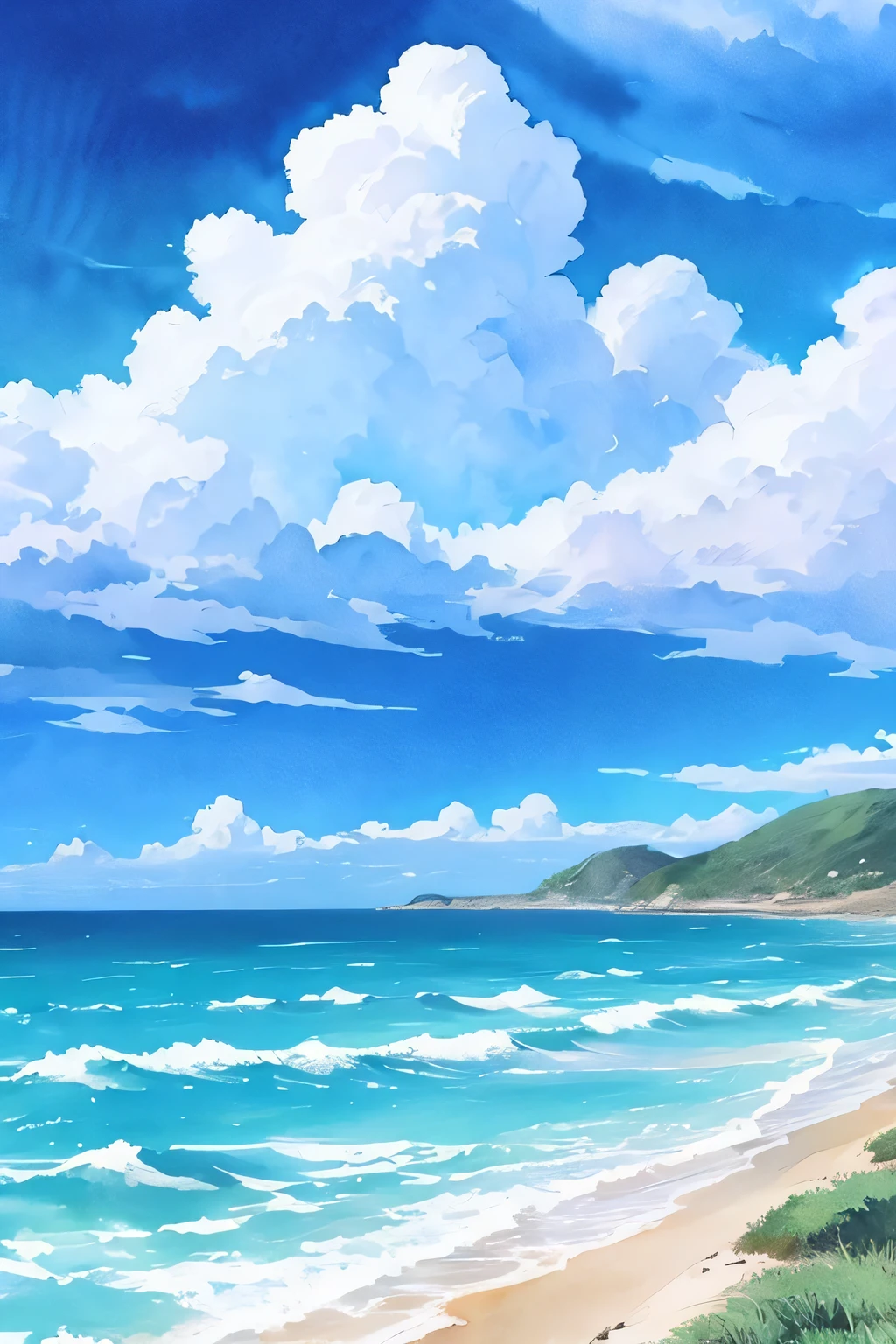 Watercolor photo of blue sky and clouds, Sky and sea background, Detailed Landscape — Width 672, Ocean Background Setting, White Background : 3, Beautiful fluffy clouds. anime, Sea and Sky, The sea in the background, The background is like heaven, Digital Art - w 0, Random background scenes