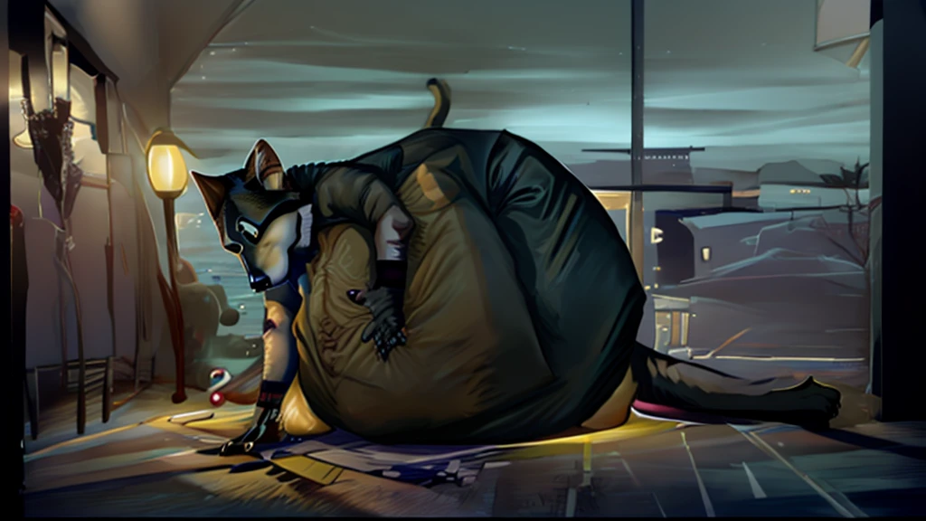 Furry, caricatured, full body, anthropomorphic black cat, male character, body full of fur, no shirt, wears tight shorts, a big cock bulge, a noticeable belly full of liquid very big and round, something is moving inside his belly. He is sitting in an armchair in an apartment while he rubs his belly, the street light comes through the window, the departament is all dark.