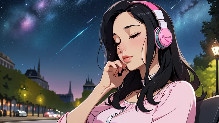 Beautiful woman in her 30s with black hair is sitting with headphones In the park. Looking down, eyes closed, LOFI girl, relaxing mood, cozy, only five fingers, Paris city, colorful, Well-proportioned face, female Beautiful fingers, summer, pink blouse, night, Starry sky