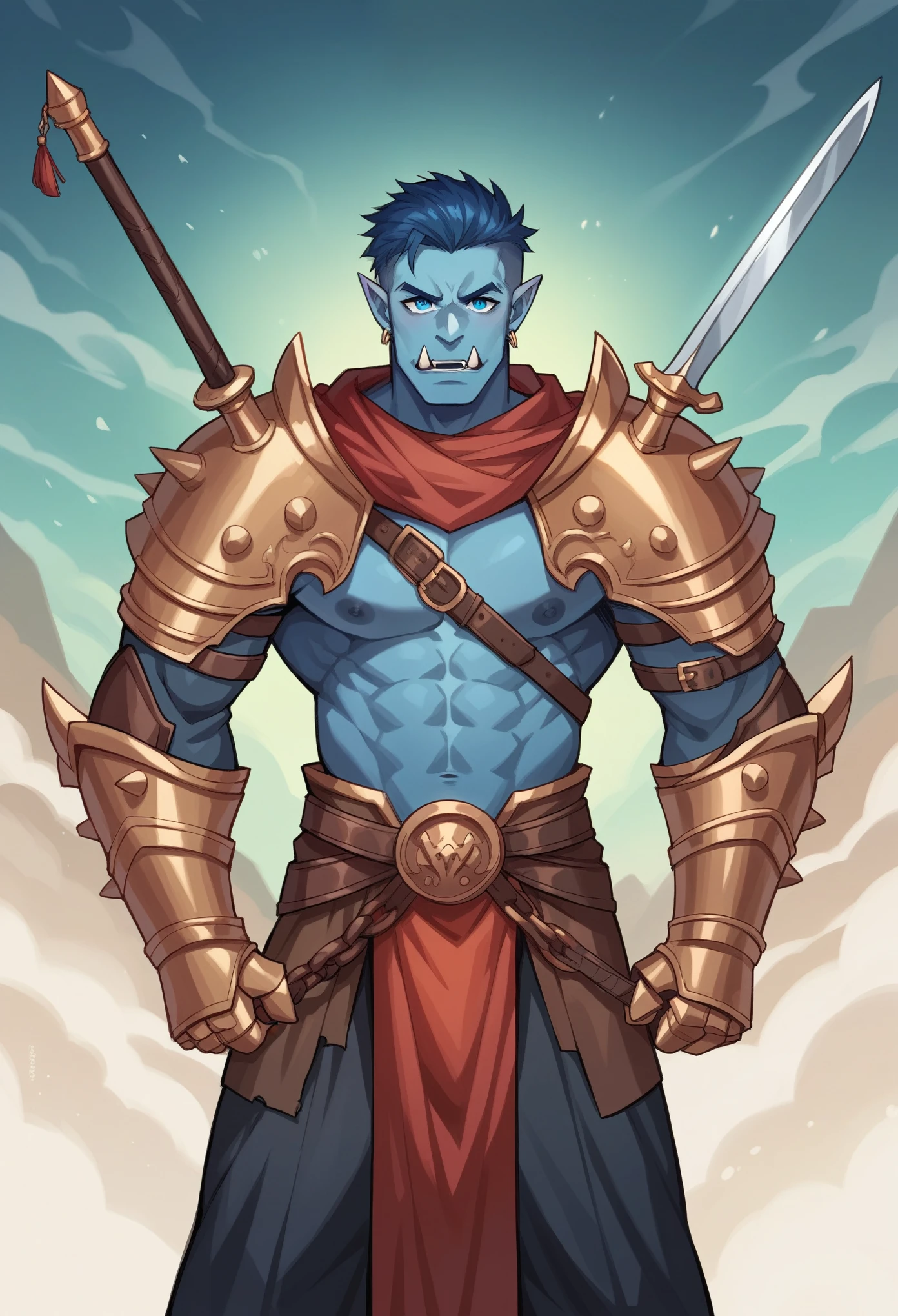 A male character with blue-azure skin, combining the sharp ears of an elf with the muscular build of an orc. He has massive fangs and piercing icy blue eyes, with dark blue hair cascading to his shoulders. His armor is predominantly azure with intricate brown accents and mystical engravings. He wears broad, spiked pauldrons, reinforced gauntlets, and sturdy greaves. Strapped across his back is a double-edged battle axe with an ancient, etched blade, and a dagger sheathed at his side. His look exudes both savage strength and otherworldly grace.