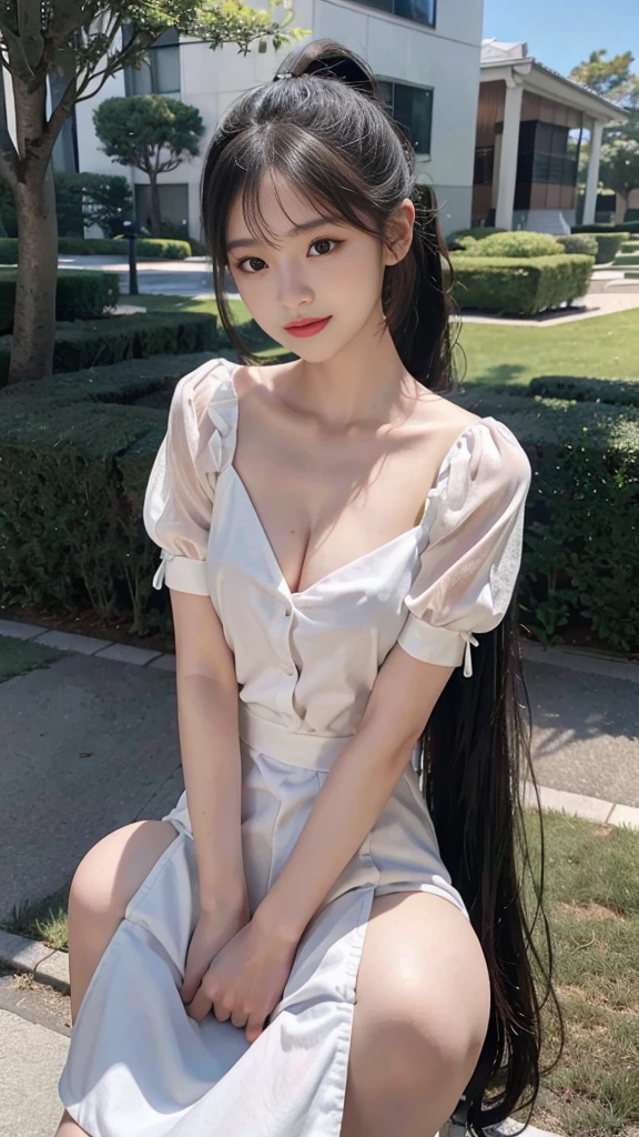 collared dress,European park,On the lawn,Close up face,One woman,masutepiece, The highest image quality, High quality, the background is clear,Beautiful woman, Japanese,Ultra-detailed, finely detail, hight resolution, 8K Wallpaper, Perfect dynamic composition, Beautiful detailed eyes , Detailed, Detailed eyes, Detailed skin, Beautiful skin, 超hight resolution, (reality: 1.4),Very beautiful woman, Slightly younger face, Beautiful skin, slender, (Ultra photo realsisim), (hight resolution), (8K), (Very detailed) (beautifully detailed eyes), (super detailed), (Detailed face), view the viewer, Fine details, Detailed face, Staring straight ahead, Staring straight ahead, photos realistic, Bright lighting, Professional Lighting, Black hair,poneyTail,a baby face,sixteen years old,Hairstyle: ponytail,Long ponytail hairstyle,slight smile,neat and tidy clothing,Beautiful Japanese KPOP idol photo, hair style is ponytail, my eyes are double and wide, baby face, smile and look straight ahead, slender, small breasts,Close up face,