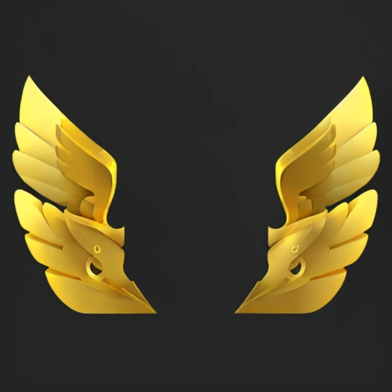 a close up of a pair of gold wings on a black background, gold wings, Golden Wings, gold wings on head, Metal Wings, Gold element, 2 chicken wings, Symmetrical wings, Mecha Wings, 3d icons for mobile games, golden shapes, Golden Shoulders, Symmetrical Wing, 黄Gold element, golden pommel, Gold and silver shapes