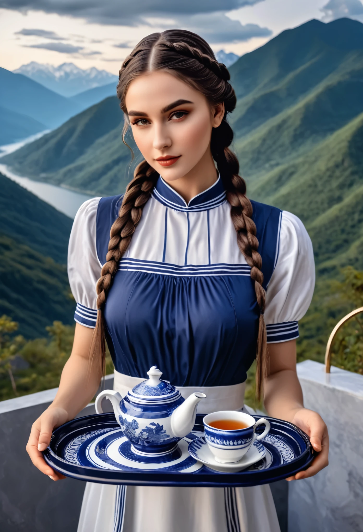 A girl with dark hair braided in long braids, dressed in beautiful adras flesh, holds in her hands a tray with dark blue tea utensils with white wavy stripes. The drawing is of very high quality, with sharp contours, clear edges, regular facial features, beautiful hands, a very high-resolution masterpiece, against the backdrop of a mountain landscape.