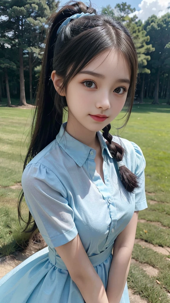 collared dress,European park,On the lawn,Close up face,One woman,masutepiece, The highest image quality, High quality, the background is clear,Beautiful woman, Japanese,Ultra-detailed, finely detail, hight resolution, 8K Wallpaper, Perfect dynamic composition, Beautiful detailed eyes , Detailed, Detailed eyes, Detailed skin, Beautiful skin, 超hight resolution, (reality: 1.4),Very beautiful woman, Slightly younger face, Beautiful skin, slender, (Ultra photo realsisim), (hight resolution), (8K), (Very detailed) (beautifully detailed eyes), (super detailed), (Detailed face), view the viewer, Fine details, Detailed face, Staring straight ahead, Staring straight ahead, photos realistic, Bright lighting, Professional Lighting, Black hair,poneyTail,a baby face,sixteen years old,Hairstyle: ponytail,Long ponytail hairstyle,slight smile,neat and tidy clothing,Beautiful Japanese KPOP idol photo, hair style is ponytail, my eyes are double and wide, baby face, smile and look straight ahead, slender, small breasts,Close up face,