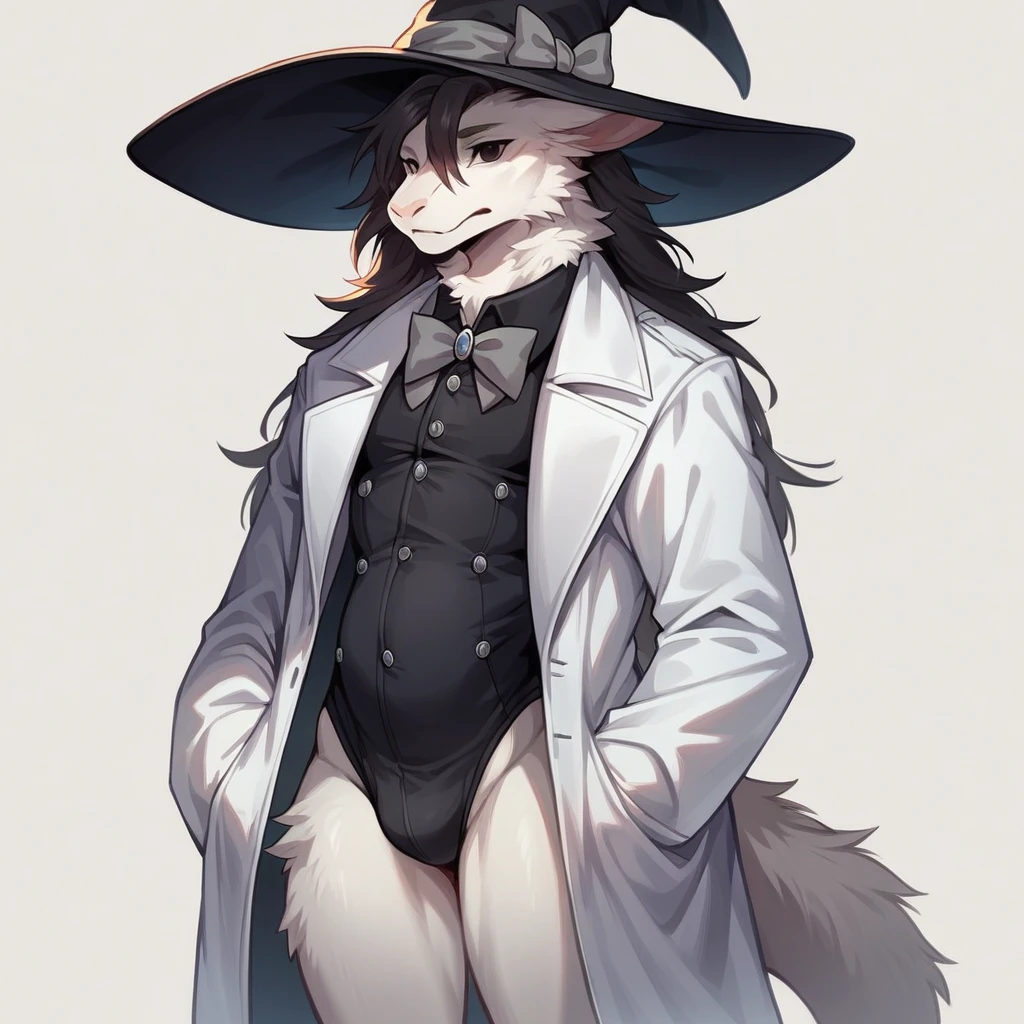 Furry dragon, without clothes, mic, fluffly, white coat, detailed coat, black eyes, god of eyes, black witch hat with gray bow, hair all over belly and thigh, work of art, detailded, (fur covering the belly and thigh, (VOLUMOUS WHITE FUR ON THE NECK), white dragon syrup, furry kemono, wearing glasses without rounded lenses, cute thighs, shiny thigh, detailed coat, gray striped silk socks, and black, black and gray striped silk gloves, hair on arms and shoulders