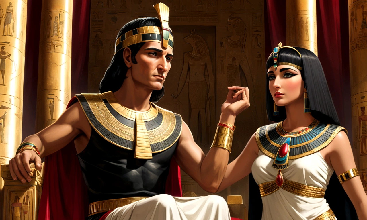 "Create a painting that shows Julius Caesar and Cleopatra together in a luxurious Egyptian palace, with tall columns decorated with hieroglyphs and golden details, red and black silk curtains, Julius Caesar should be depicted with a mature face and gray hair, wearing a toga white with gold embroidery and a red cape draped over her shoulders, he must be standing with a confident posture and a thoughtful expression, Cleopatra must be young and beautiful with Egyptian makeup, wearing a seductive black dress with gold embroidery and form-fitting, she may be sitting on a throne decorated with an intriguing expression or standing next to Caesar lightly touching his arm, Julius Caesar may have a golden laurel wreath and Cleopatra a jeweled golden tiara or crown, the background should show wealth of Egypt with exotic fruits, golden vessels and burning incense, highlighting the age difference and majesty of both."