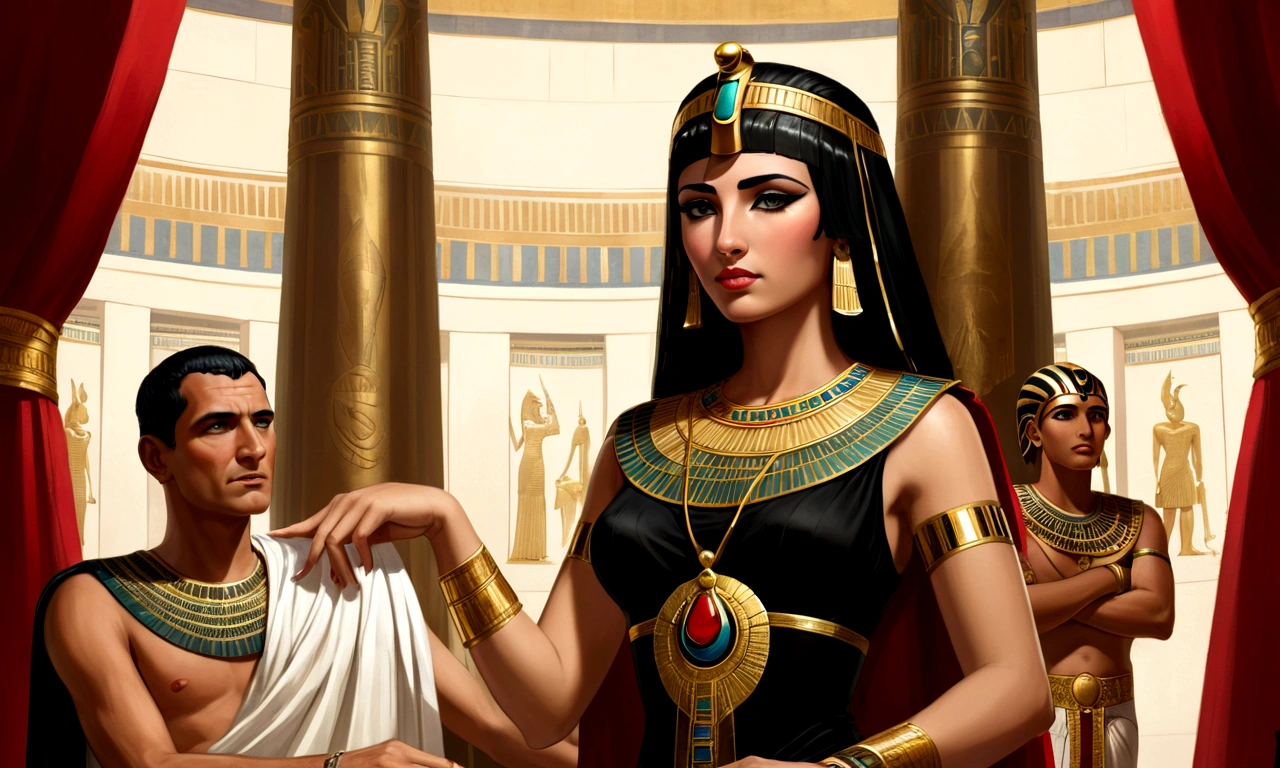 "Create a painting that shows Julius Caesar and Cleopatra together in a luxurious Egyptian palace, with tall columns decorated with hieroglyphs and golden details, red and black silk curtains, Julius Caesar should be depicted with a mature face and gray hair, wearing a toga white with gold embroidery and a red cape draped over her shoulders, he must be standing with a confident posture and a thoughtful expression, Cleopatra must be young and beautiful with Egyptian makeup, wearing a seductive black dress with gold embroidery and form-fitting, she may be sitting on a throne decorated with an intriguing expression or standing next to Caesar lightly touching his arm, Julius Caesar may have a golden laurel wreath and Cleopatra a jeweled golden tiara or crown, the background should show wealth of Egypt with exotic fruits, golden vessels and burning incense, highlighting the age difference and majesty of both."