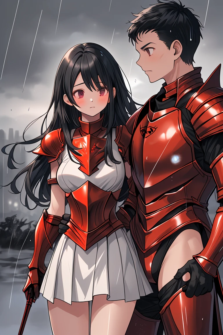 female knight　Red Armor　Torn white skirt　White underwear　Black Hair　battlefield　heavy rain