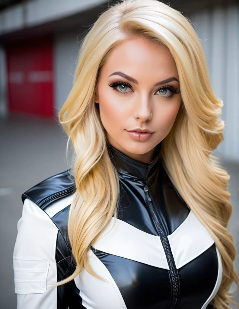 très jolie fille de 25 ans avec de longs cheveux blond platine, porter une tenue de cosplay de pilote de ligne en latex moulant. très réaliste.