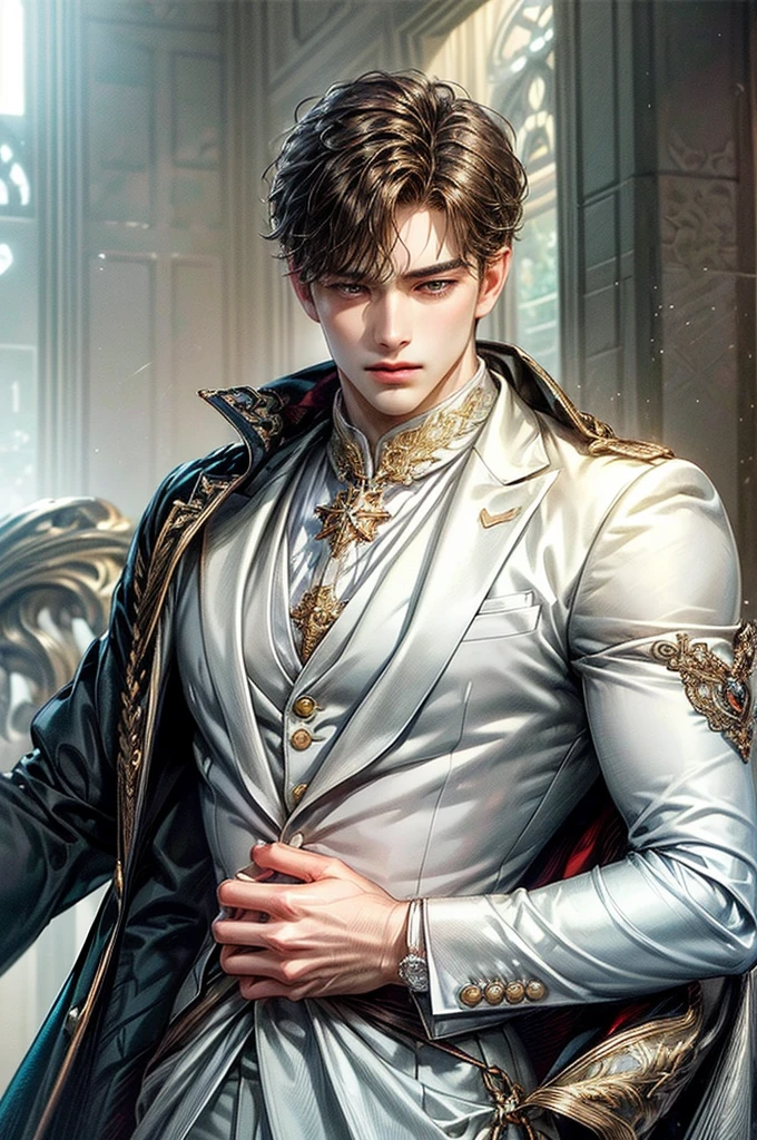 ((Best quality)), ((masterpiece)), (detailed), ((perfect face)), ((halfbody)) handsome face, male, boy, perfect proportions, character masculine manhwa, ((brown light)) short hair, ((brown)) eyes, male version, ((white)) prince clothes, ((white)) suit, body in good shape, serious expression, ((white)) castle detailed background, ((white)) castle detailed scenery background