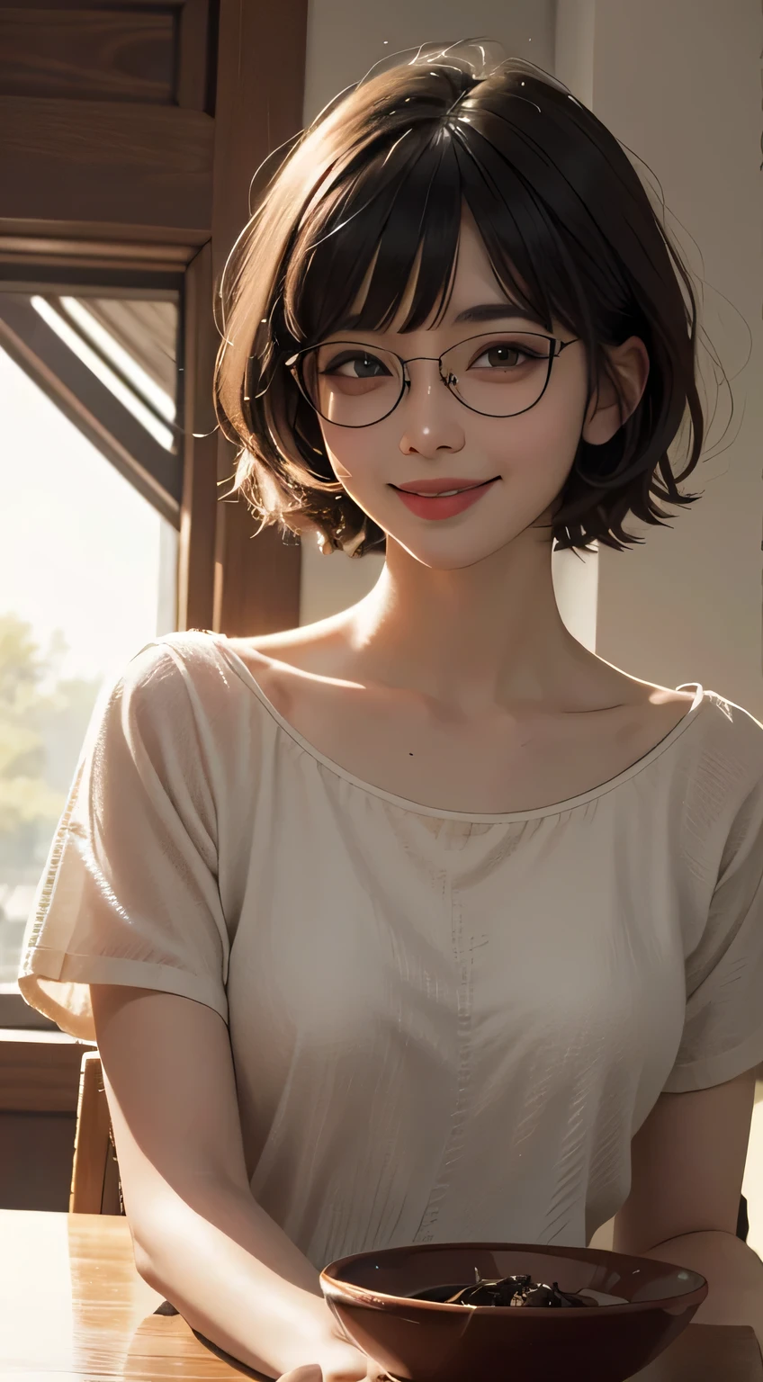bowl cut, smile, rimless eyewear, UHD, retina, masterpiece, ccurate, anatomically correct, textured skin, super detail, high details, high quality, best quality, highres, 1080P, HD, 4K, 8k, 16k