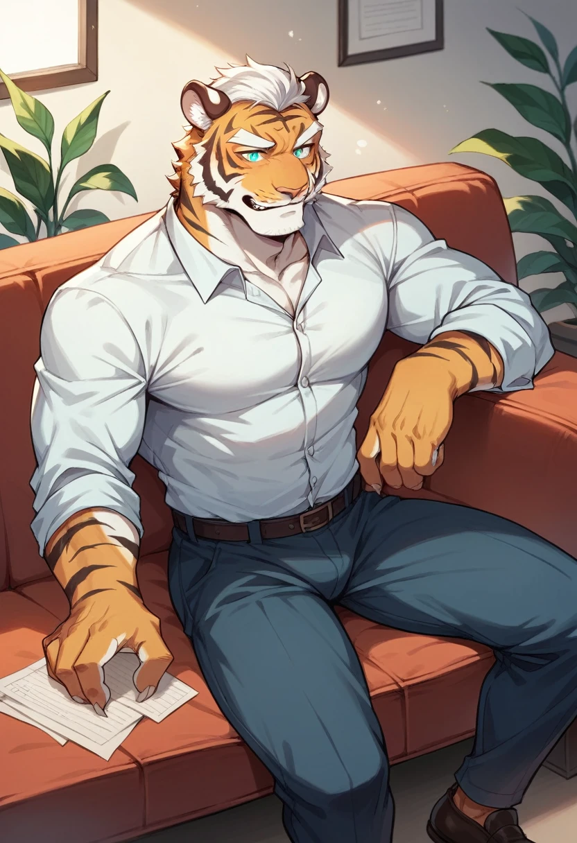 Siberian tiger,personification,Mature male,Strong Man,Enthusiastic expression,Cyan pupils,Light white eyebrows,Sitting on the sofa,office。