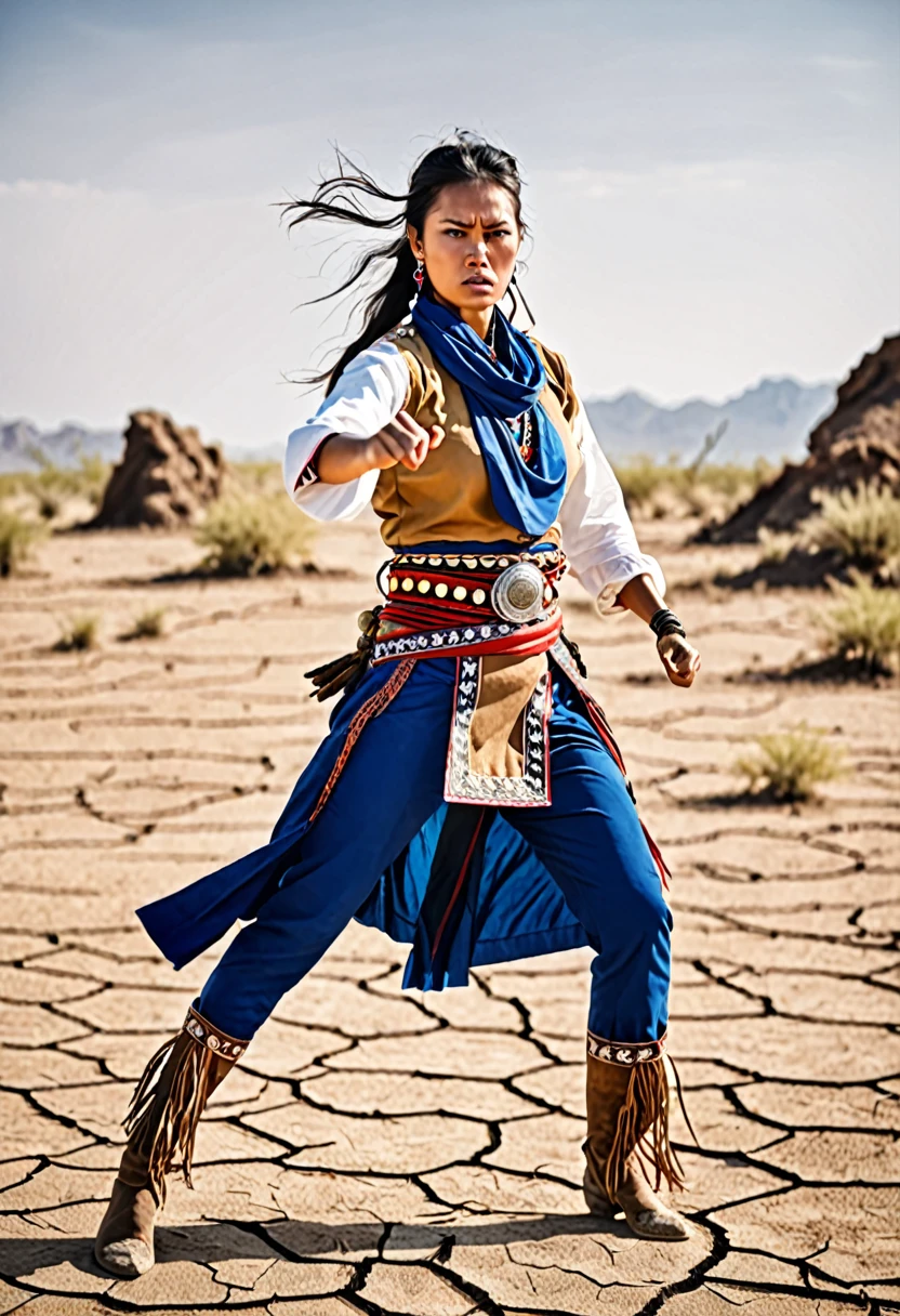 strong western woman in Sayayin costume in fighting stance on arid battlefield