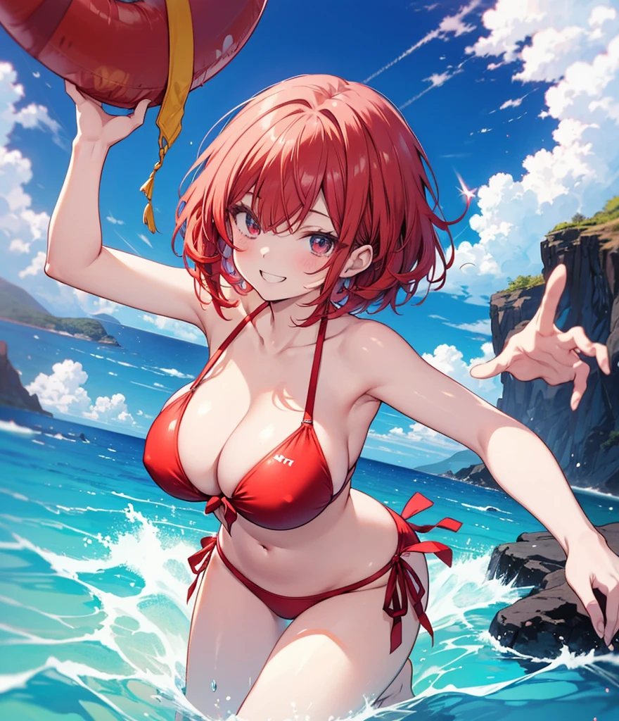 (masterpiece), (Top quality anime illustrations), Emphasize cleavage, Red Bikini,Red Hair、Swimwear、Bob Hair、Showing off big breasts、short hair、1 person、Big Breasts、Beautiful breasts、Grinning smile、transformation