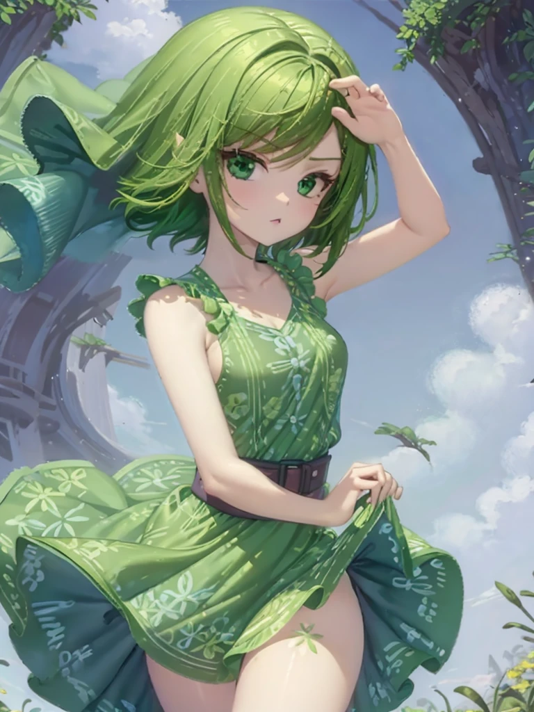 1girl, solo, green skin, green eyes, big eyes, long eyelashes, green hair, short hair, shiny hair, medium breasts, green dress, apron dress, floral print dress, green belt, purple scarf, green leggins, looking at viewer, bare arms, disgust face, narrow waist, big butt, covered nipples, violet lips,