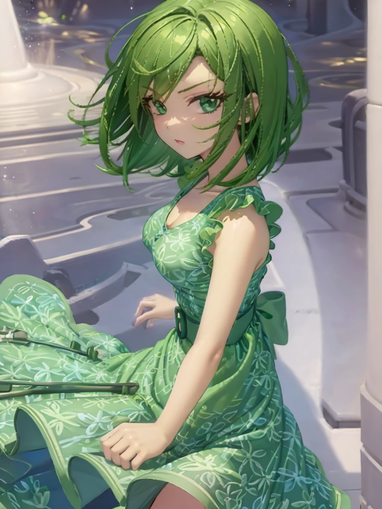 1girl, solo, green skin, green eyes, big eyes, long eyelashes, green hair, short hair, shiny hair, medium breasts, green dress, apron dress, floral print dress, green belt, purple scarf, green leggins, looking at viewer, bare arms, disgust face, narrow waist, big butt, covered nipples, violet lips,