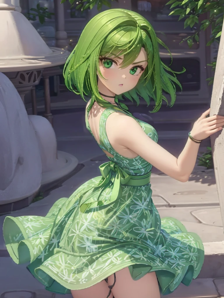 1girl, solo, green skin, green eyes, big eyes, long eyelashes, green hair, short hair, shiny hair, medium breasts, green dress, apron dress, floral print dress, green belt, purple scarf, green leggins, looking at viewer, bare arms, disgust face, narrow waist, big butt, covered nipples, violet lips,