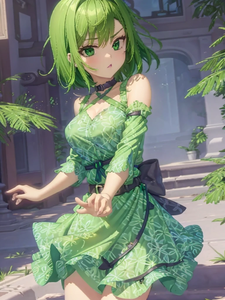 1girl, solo, green skin, green eyes, big eyes, long eyelashes, green hair, short hair, shiny hair, medium breasts, green dress, apron dress, floral print dress, green belt, purple scarf, green leggins, looking at viewer, bare arms, disgust face, narrow waist, big butt, covered nipples, violet lips,