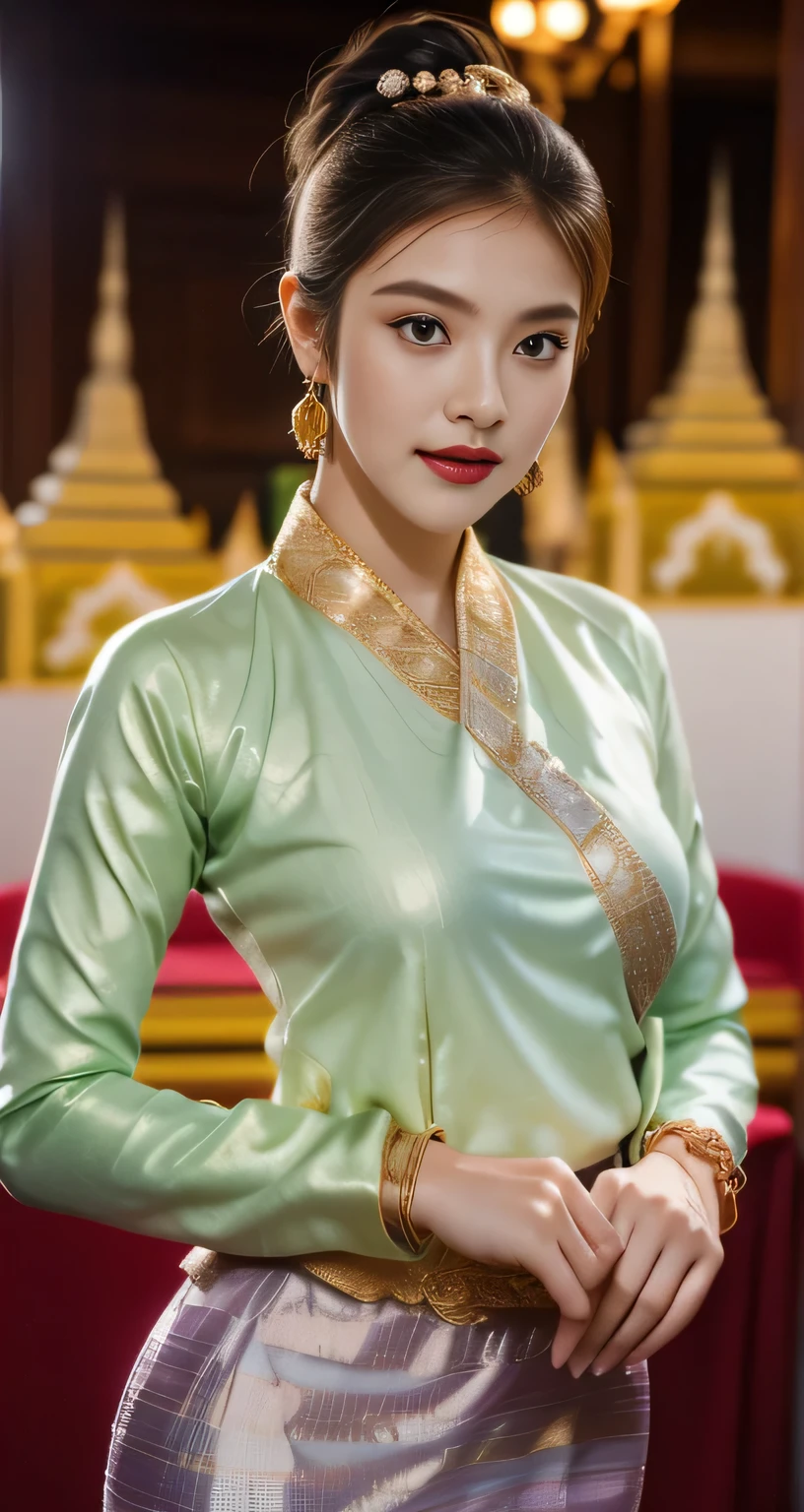 master-piece, 1girl best,looking at the audience,lught smile, Bagan temple background,full body,Seduction,clean,Exquisite Face,pure face, captivating beautiful eyes, soft pink lips, Fair-skinned,sexy pose,(( northern Thai Lanna Traditional costume)), ((Keng Tong Tai Khun traditional costume)),((Shan dress)), very elegant dress, luxury and very details Tai Khun traditional outfit, white gold color top and red green gold stripes pattern bottom,long-haire messy bun with flower, (((wearing many silver bangle, gold earrings, Thai Lanna gold hairpin))),((perfect female figure)),real person,