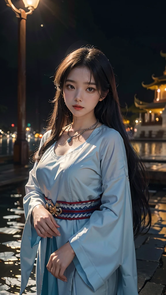 (8k, RAW photo, best quality, masterpiece:1.2), (realistic, photo-realistic:1.37),st. louis (luxurious wheels) (azur lane),1girl,(myanmar girl), (aegyo sal:1),hair ornament, portrait, (Myanmar traditional cloths:1.1), necklace, blue nails,cute,cityscape, night, rain, wet, professional lighting, photon mapping, radiosity, physically-based rendering, backgrounds SHWEDIGON Pagoda