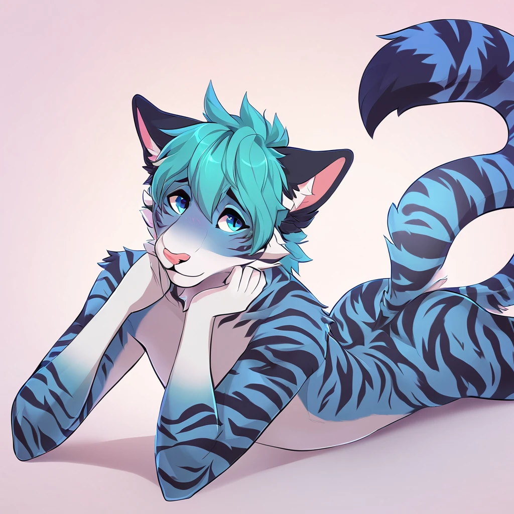 adult, feline, mammal, anthro, anthromorphic, cat, striped, fur, furred_anthro, femboy, male, blue, ear_tufts, purple, paws, hair_tuft, hair_between_eyes, long_tail, fluffy, expressive_eyes, blue/teal_hair, light looking_at_viewer, blue_fur, shy, small_pupils, spotted_pattern, stripes, tiger_stripes, digital_art, high_resolution, high_res, background, shy, posing, laying_down, pink_paws, paws