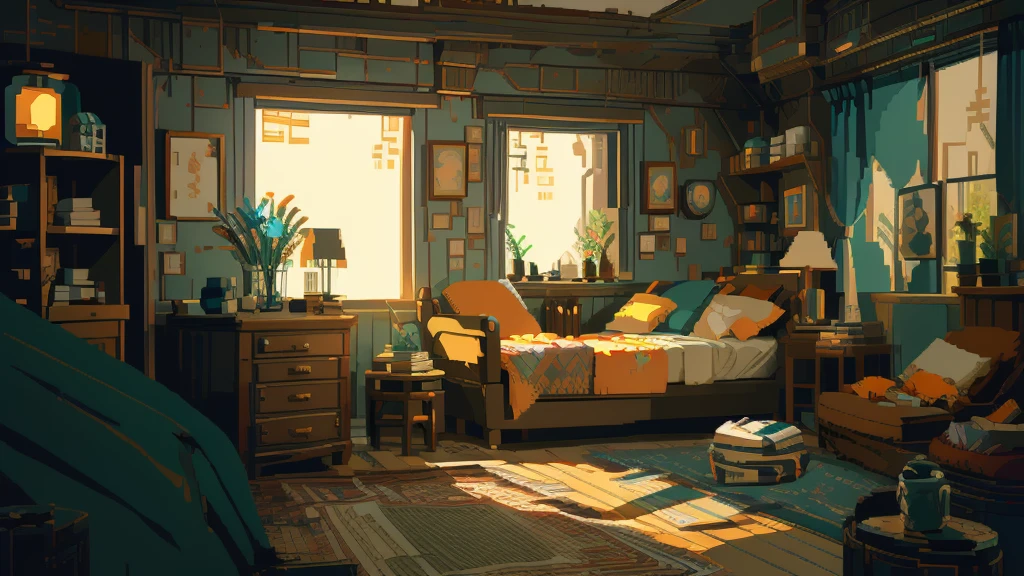 There is a room,There is a table and a chair inside, Relaxation concept art, Created by senior environment artists, Interior Background Art, Realistic concept art, Global Illumination. Visual effects, Global Illumination!! complex, Akihiko Yoshida. Unreal Engine, Realistic concept art, 高度Realistic concept art, Realistic afternoon lighting, Personal room background, Exquisite pixel art concept art
